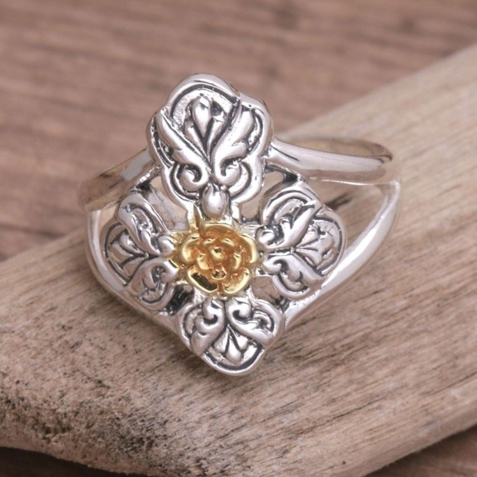 18k Gold Accented Sterling Silver Cocktail Ring from Bali 'Cross of Blooms'