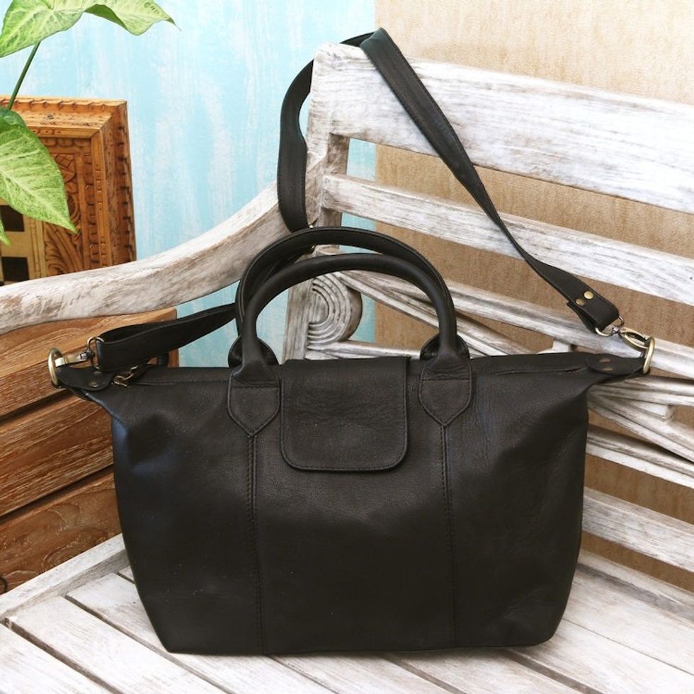 Black Leather Bowling Bag from Bali 'Style Section in Black'