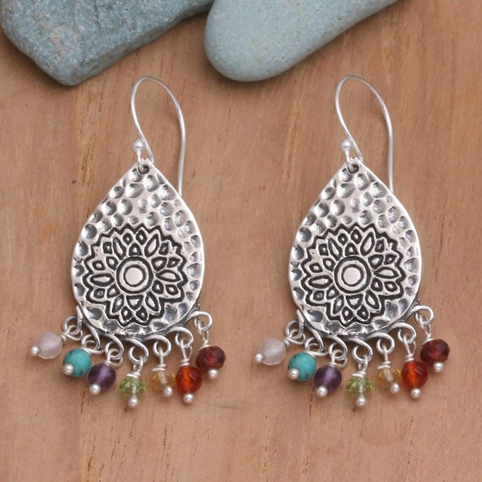 Multi-Gemstone Dangle Earrings with Chakra Motif 'Chakra Crown'