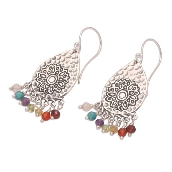 Alternate image for Multi-Gemstone Dangle Earrings with Chakra Motif Chakra Crown