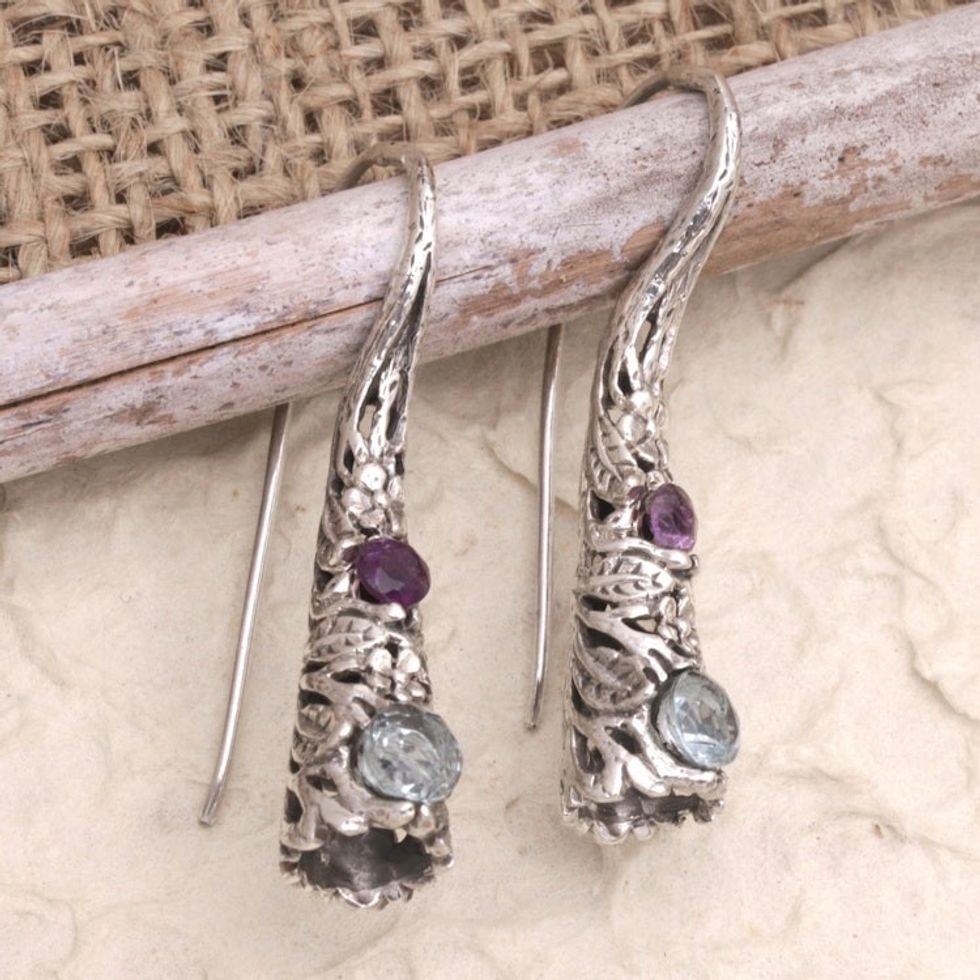 Blue Topaz Amethyst and Sterling Silver Leaf Drop Earrings 'Conical Leaf'