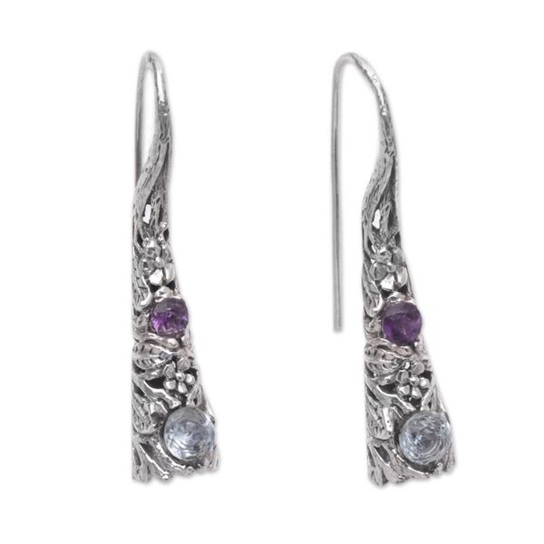 Alternate image for Blue Topaz Amethyst and Sterling Silver Leaf Drop Earrings Conical Leaf