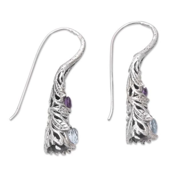 Alternate image for Blue Topaz Amethyst and Sterling Silver Leaf Drop Earrings Conical Leaf