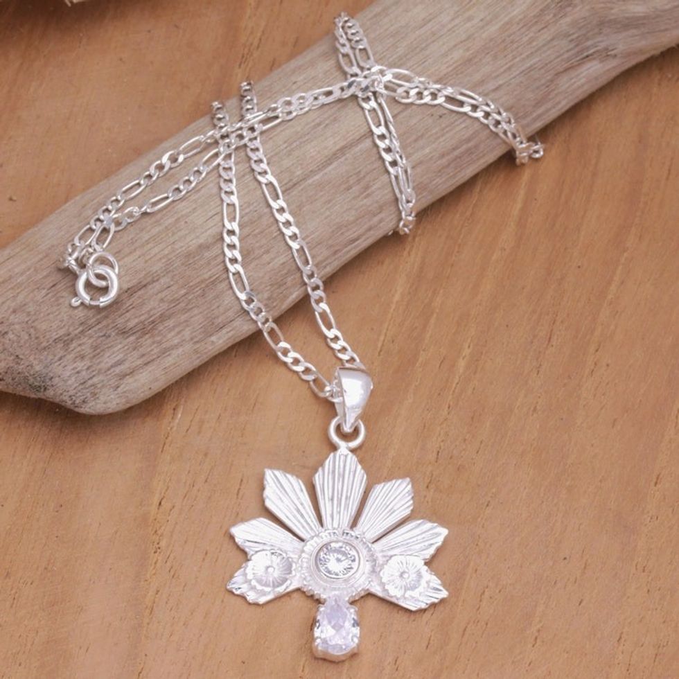 Sterling Silver and Cubic Zirconia Balinese Pendant Necklace 'Balinese Kepetan'