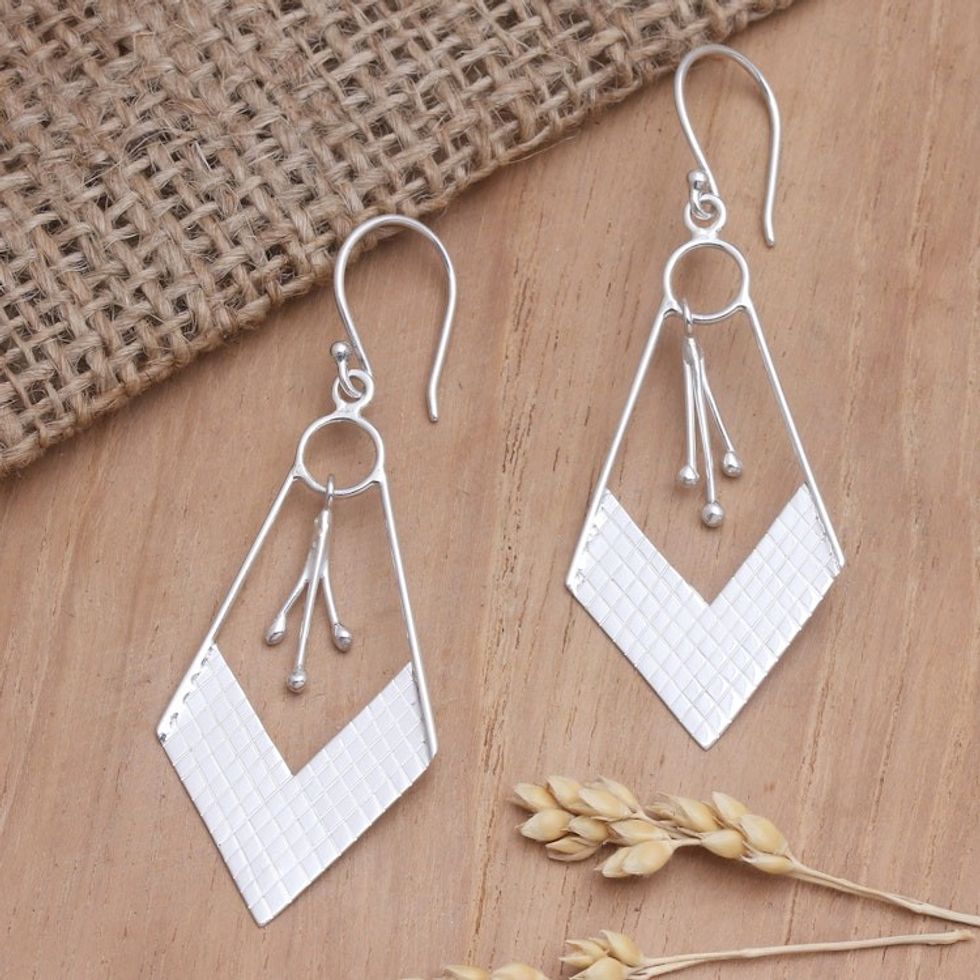 Handcrafted Sterling Silver Dangle Earrings from Bali 'Dawn's Arrow'
