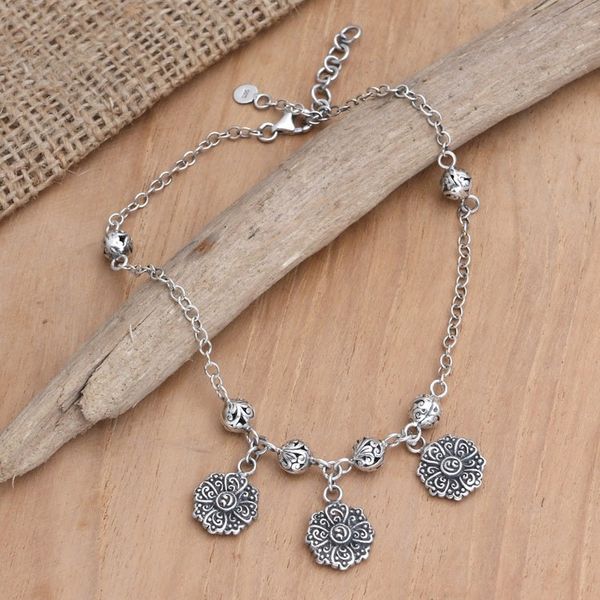 Alternate image for Sterling Silver Charm Anklet with Floral Motif Flower Lanterns