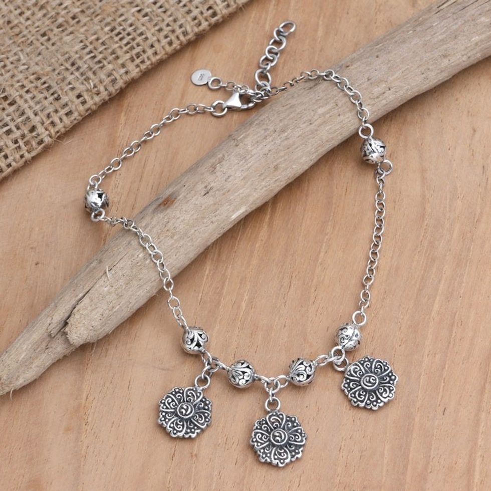 Sterling Silver Charm Anklet with Floral Motif 'Flower Lanterns'