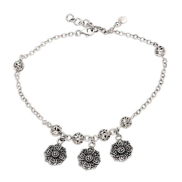 Alternate image for Sterling Silver Charm Anklet with Floral Motif Flower Lanterns