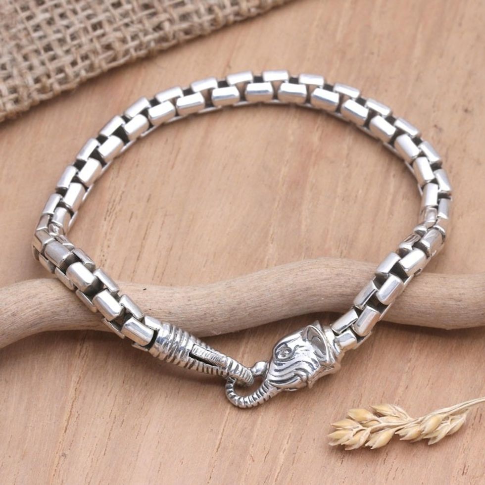 Elephant Head Sterling Silver Hexagon Link Bracelet 'Elephant Solidarity'
