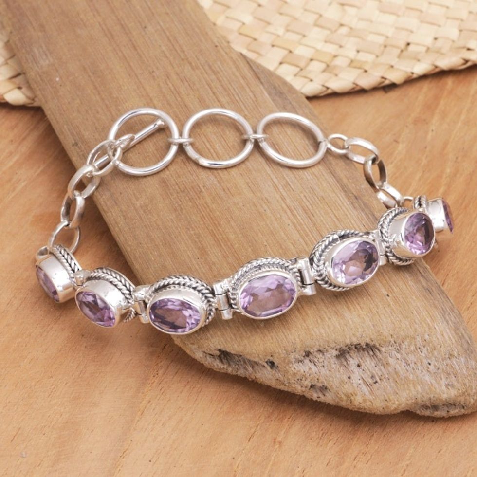 Balinese Traditional Silver and Amethyst Link Bracelet 'Purple Temptation'