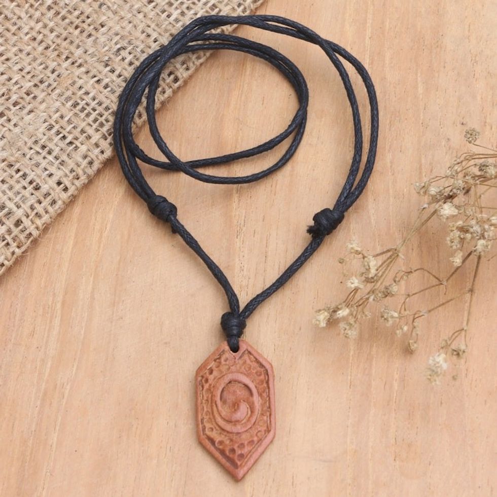 Men's Wood Pendant Necklace with Cotton Cord from Indonesia 'Strong Hero'