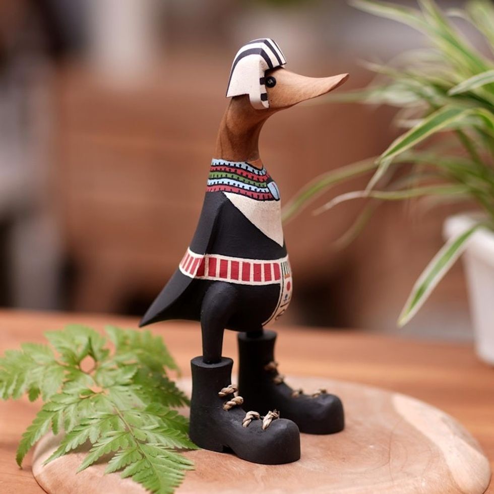 Bamboo and Teak Wood Duck Sculpture in Royal Egyptian Attire 'King Duck of Egypt'