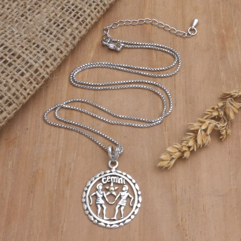 18k Gold-Accented Gemini Pendant Necklace from Bali 'Sparkling Gemini'