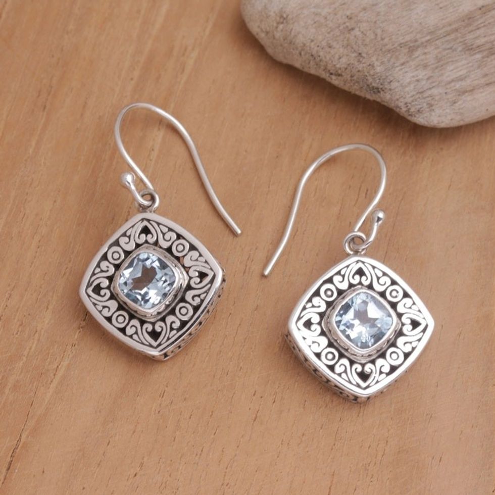 925 Sterling Silver and Blue Topaz Dangle Earrings from Bali 'Stuck on You in Blue'