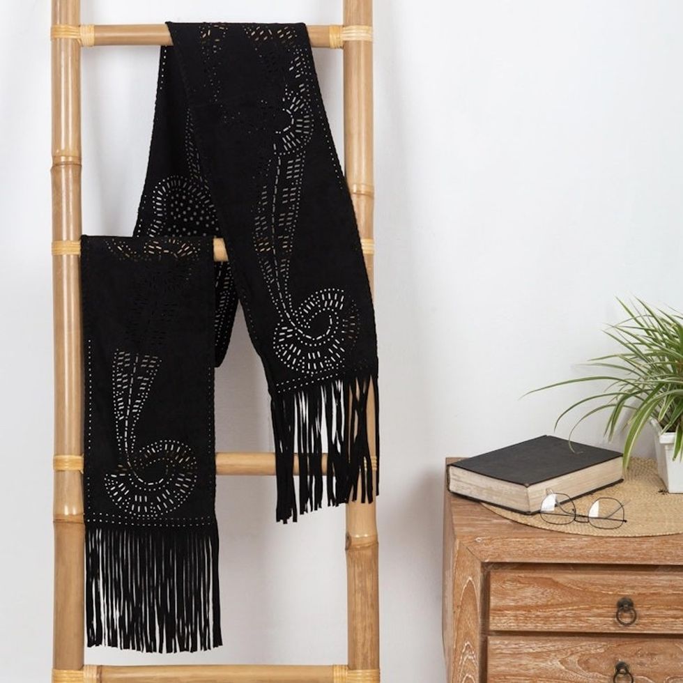 Hand Made Black Suede Leather Scarf 'Mysterious Lady'