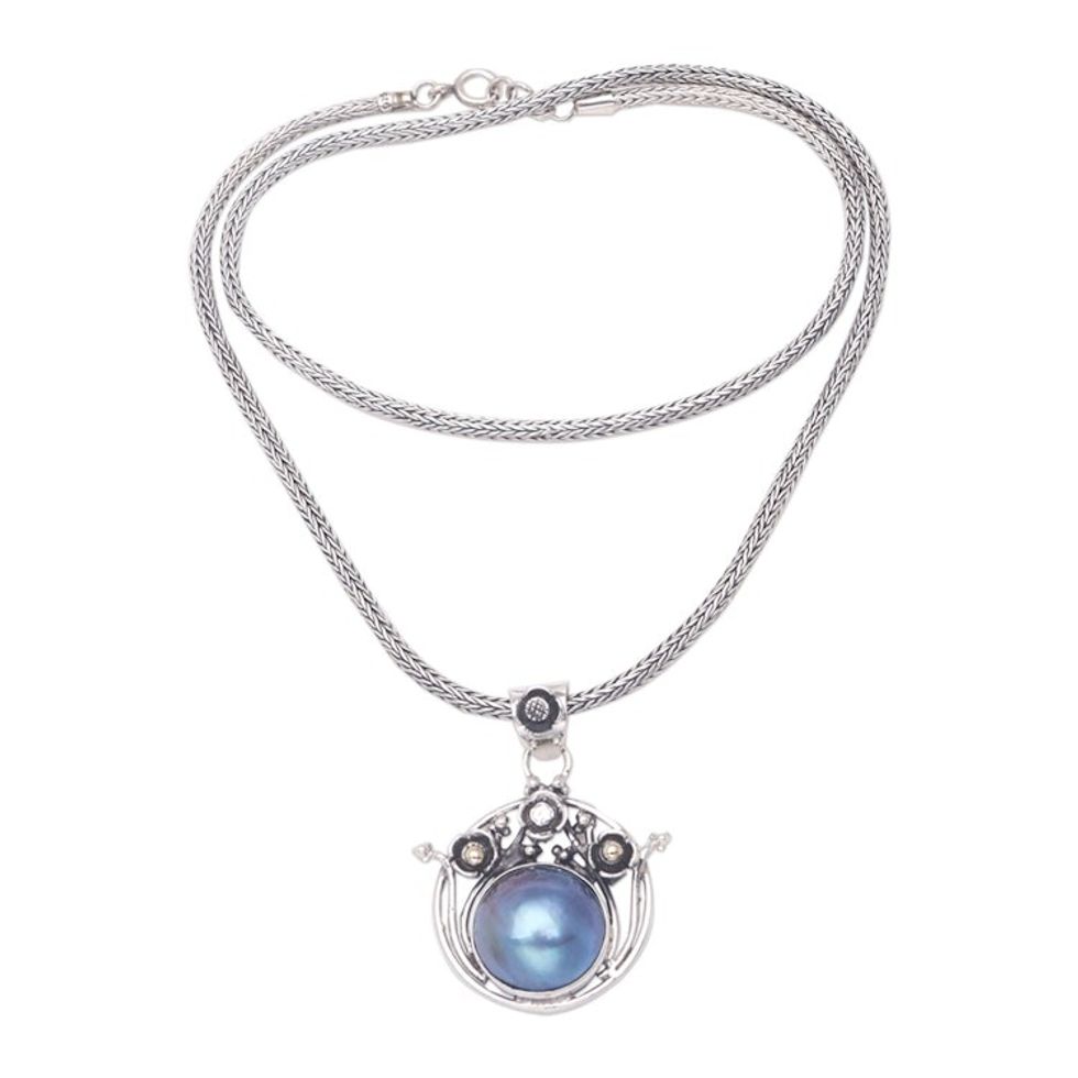 Blue Cultured Pearl Pendant Necklace with 18k Gold Accent 'Pearly Grace in Blue'