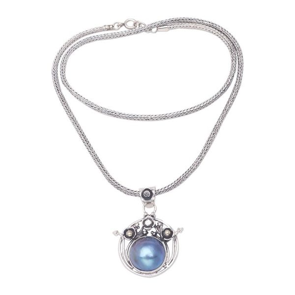 Alternate image for Blue Cultured Pearl Pendant Necklace with 18k Gold Accent Pearly Grace in Blue