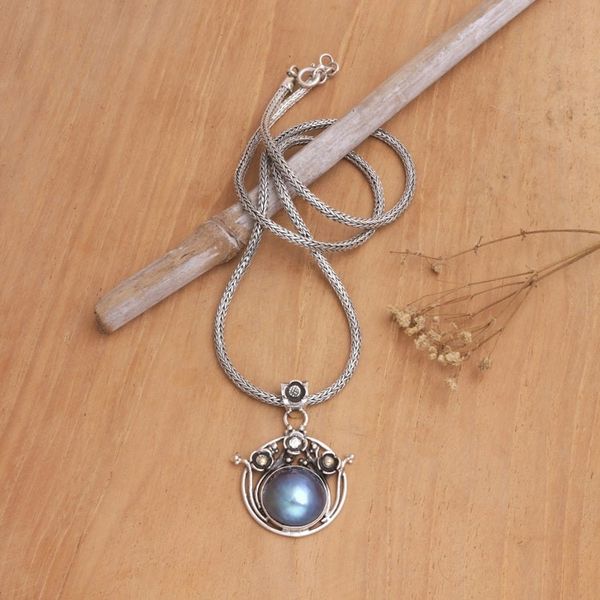 Alternate image for Blue Cultured Pearl Pendant Necklace with 18k Gold Accent Pearly Grace in Blue