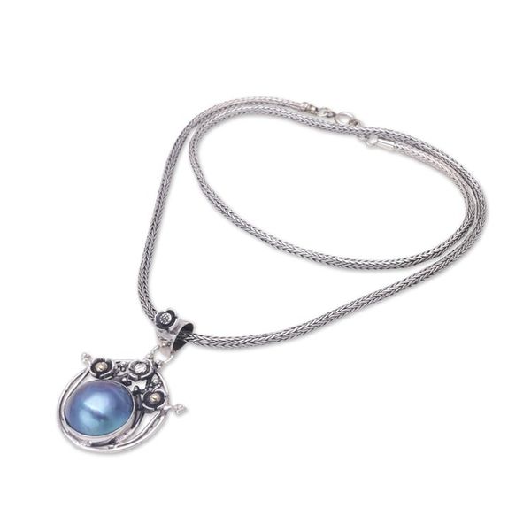 Alternate image for Blue Cultured Pearl Pendant Necklace with 18k Gold Accent Pearly Grace in Blue