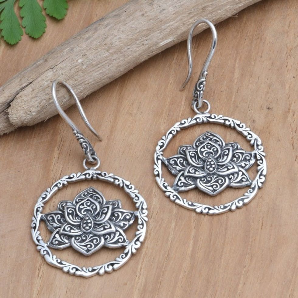 Handmade Javanese Floral Sterling Silver Dangle Earrings 'Coveted Lotus'