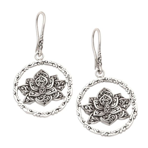 Alternate image for Handmade Javanese Floral Sterling Silver Dangle Earrings Coveted Lotus