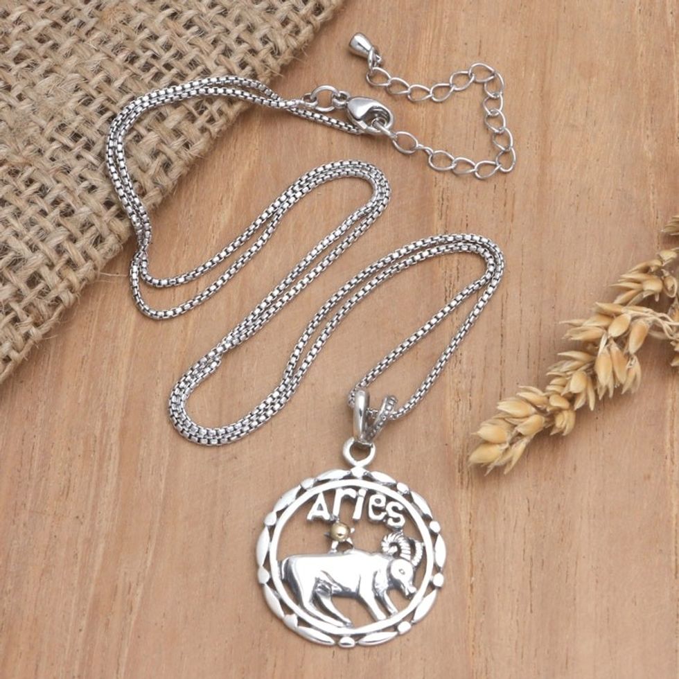 18k Gold-Accented Aries Pendant Necklace from Bali 'Sparkling Aries'