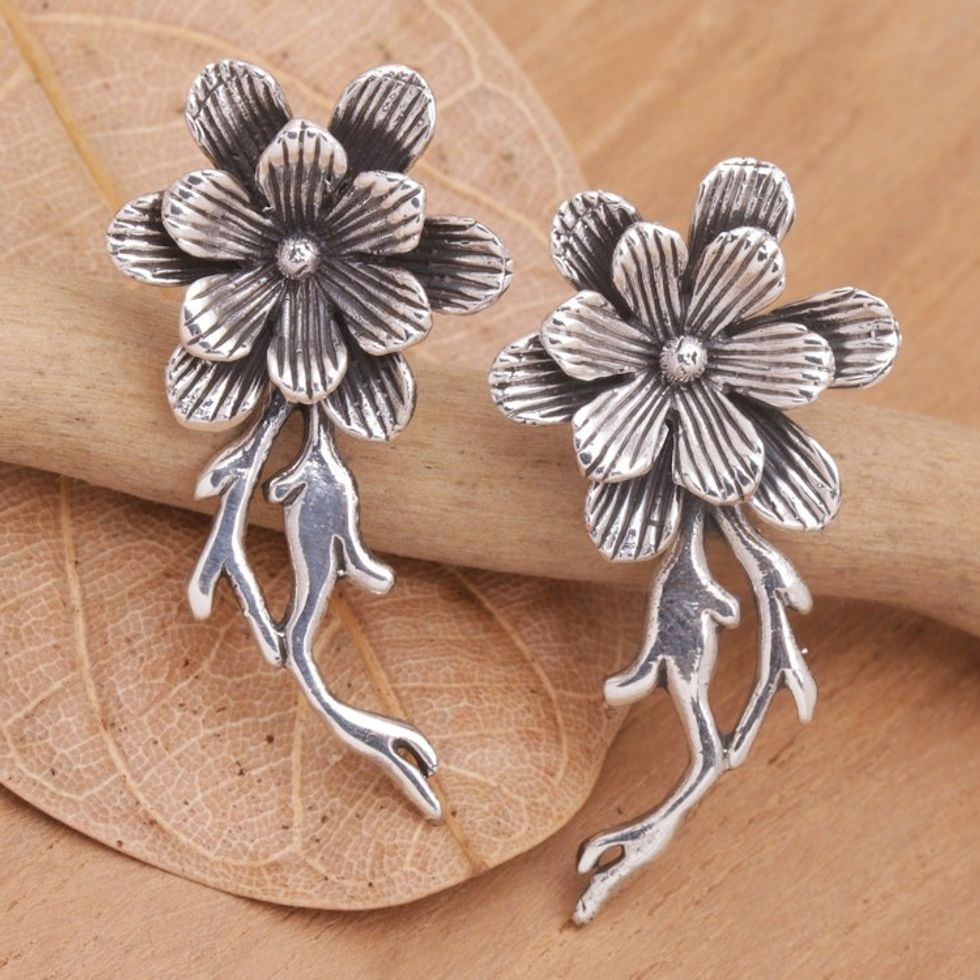 Floral Sterling Silver Drop Earrings with Combination Finish 'Floral Roots'