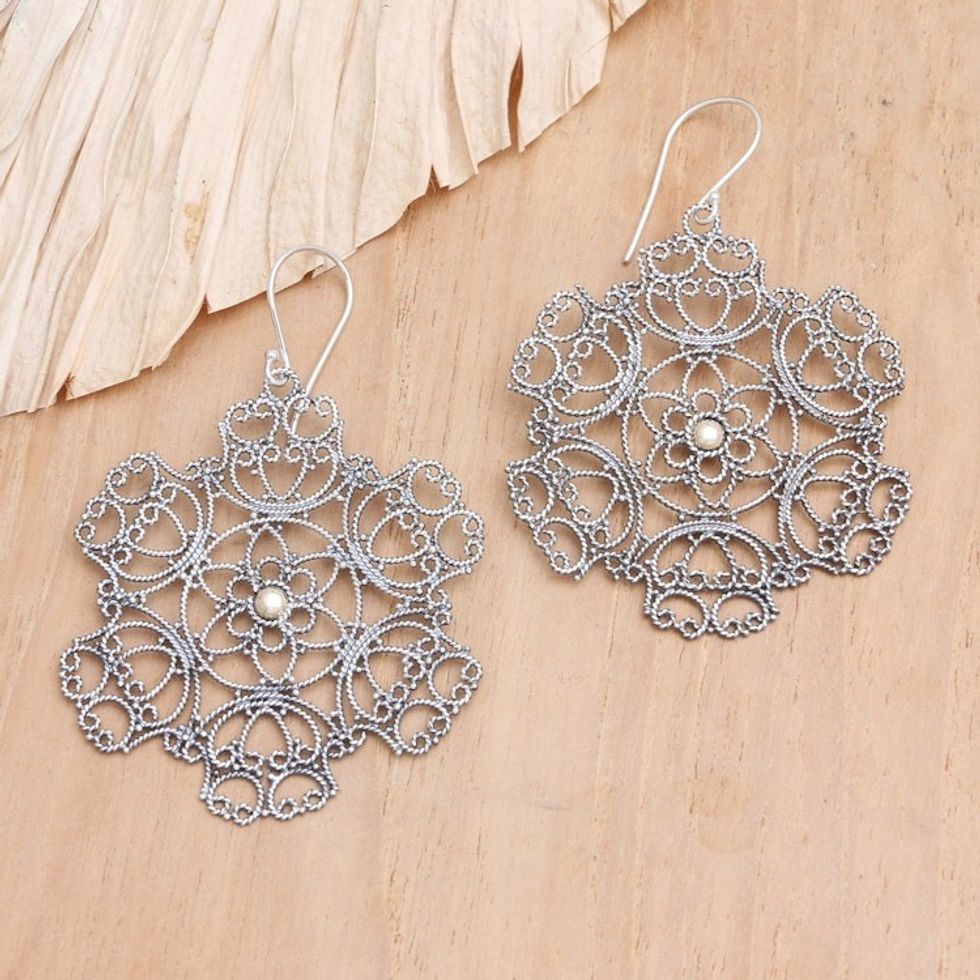 Balinese Filigree Earrings with 18k Gold Accents 'Blooming Batur'