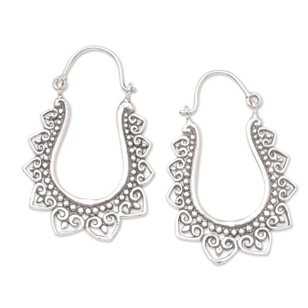 Alternate image for Handmade Sterling Silver Hoop Earrings from Bali Nice to Meet You