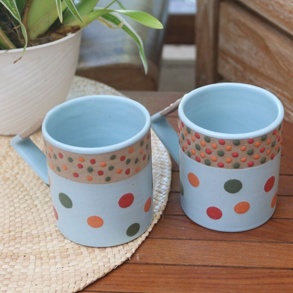 Javanese Ceramic Mugs Pair 'Rainbow Dots'