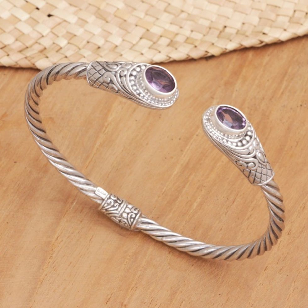One-Carat Faceted Amethyst Cuff Bracelet from Bali 'Graceful Custom'