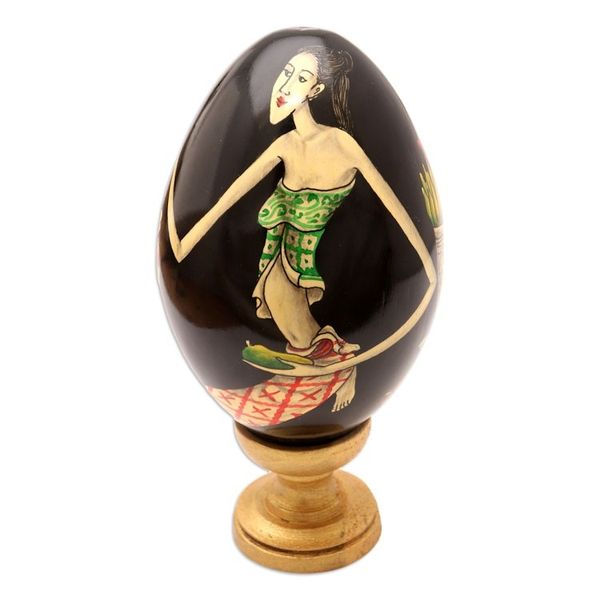 Alternate image for Hand-Painted Wood Egg Sculpture with Bali Offering Motif Balinese Gebogan