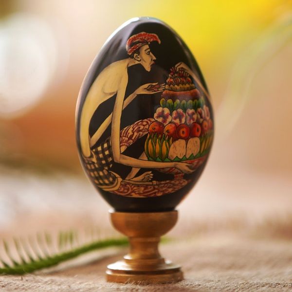 Alternate image for Hand-Painted Wood Egg Sculpture with Bali Offering Motif Balinese Gebogan