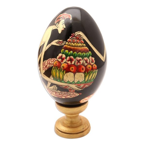 Alternate image for Hand-Painted Wood Egg Sculpture with Bali Offering Motif Balinese Gebogan