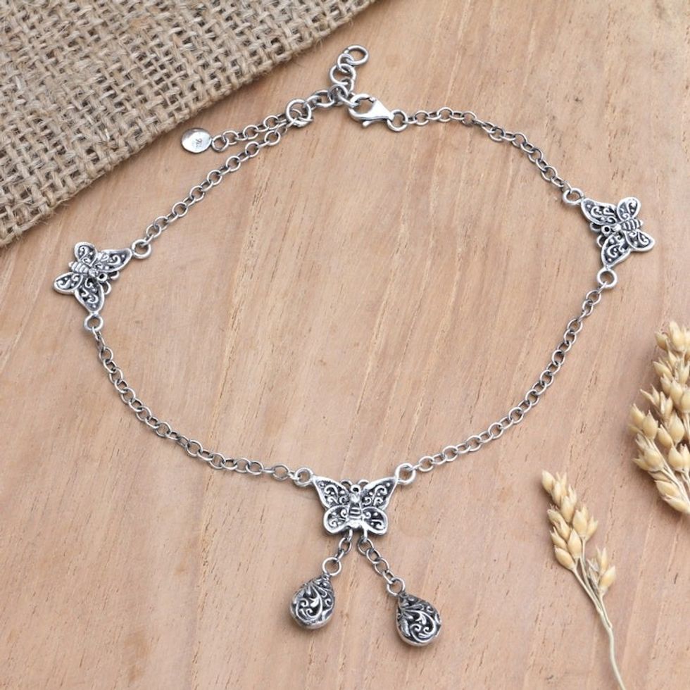 Hand Made Garnet Charm Anklet with Butterfly Motif 'Loveliness is a Butterfly'