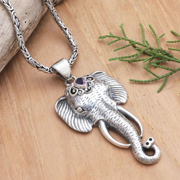 Alternate image for Mens Amethyst Pendant Necklace with Elephant Motif Runs Wild in Purple