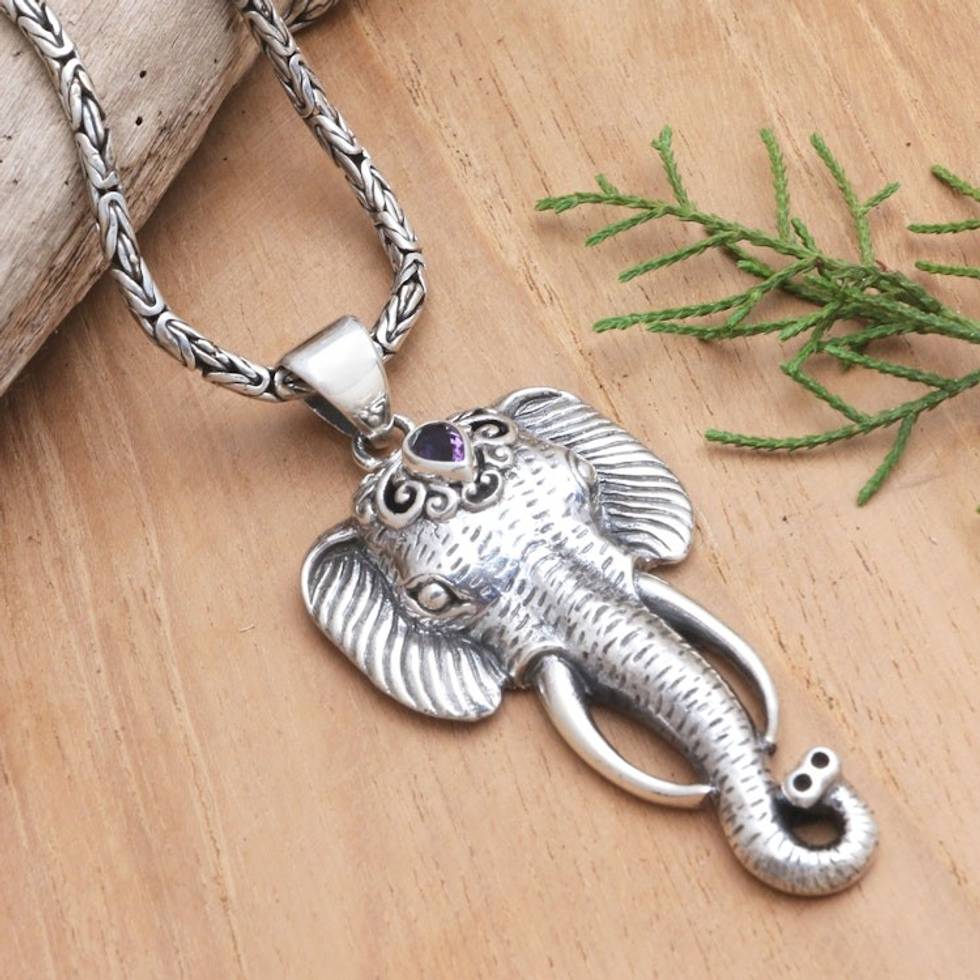 Men's Amethyst Pendant Necklace with Elephant Motif 'Runs Wild in Purple'