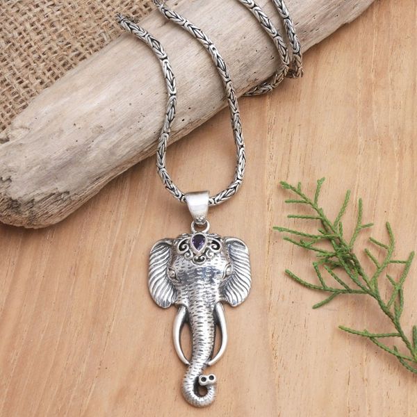 Alternate image for Mens Amethyst Pendant Necklace with Elephant Motif Runs Wild in Purple