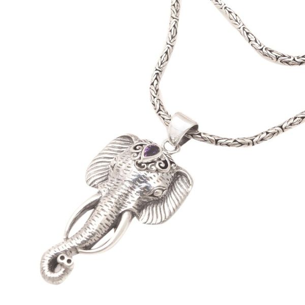 Alternate image for Mens Amethyst Pendant Necklace with Elephant Motif Runs Wild in Purple