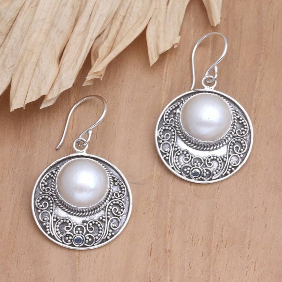 Sterling Silver Cultured Pearl Dangle Earrings from Bali 'Garden and Heaven'