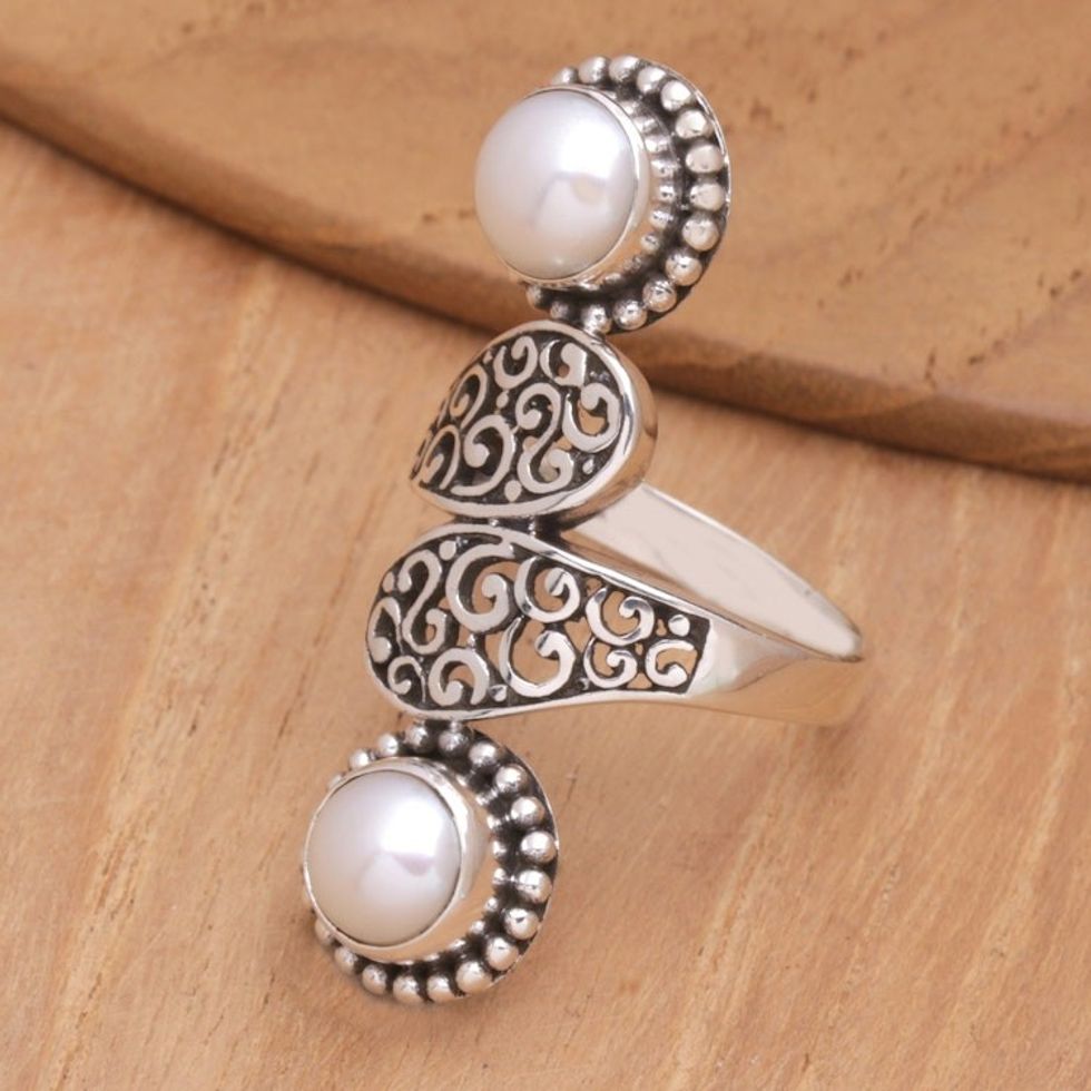 Sterling Silver Cocktail Ring with Two Cultured Pearls 'Pointed Tower'