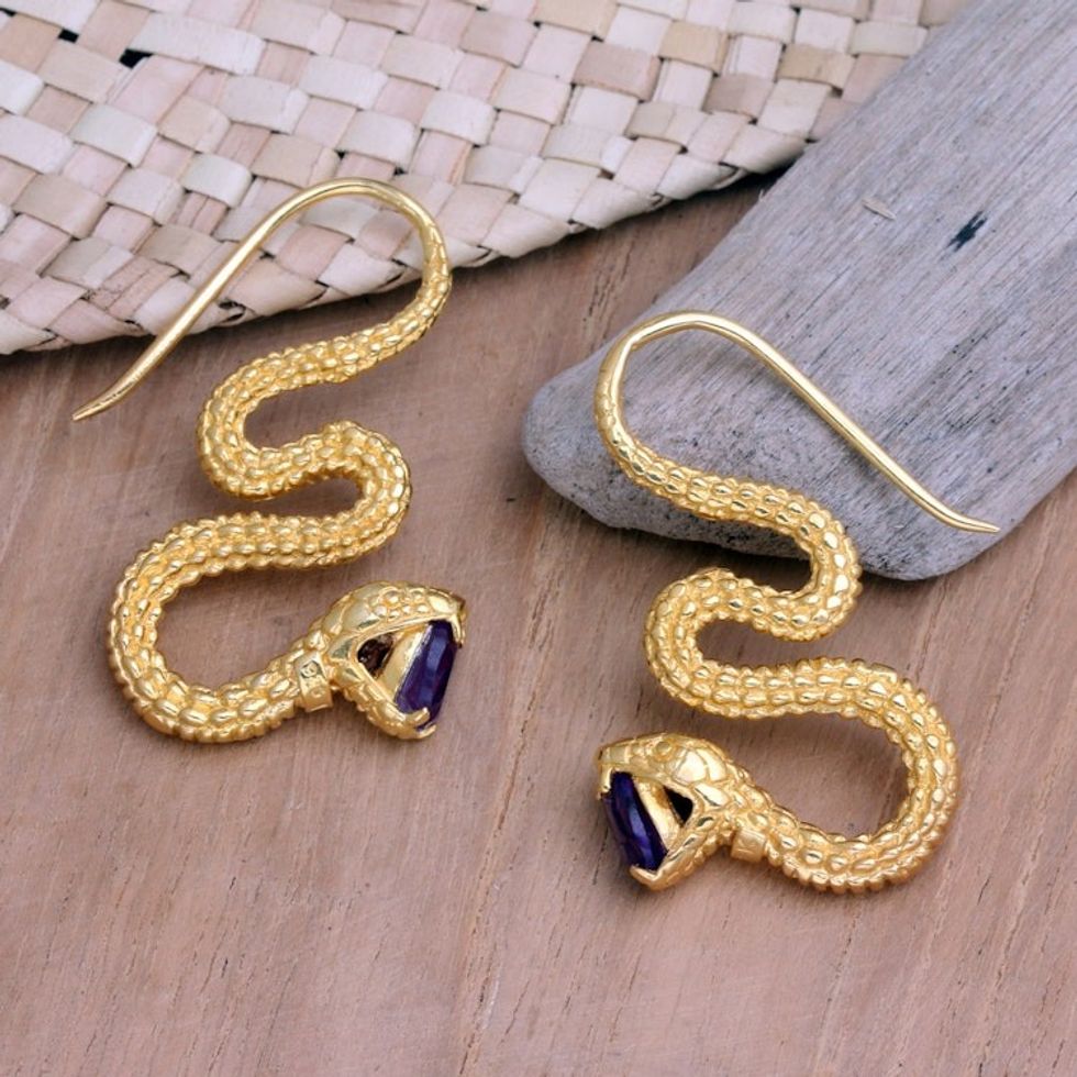 18k Gold-Plated Snake Drop Earrings with Faceted Amethyst 'Purple Striking Snake'