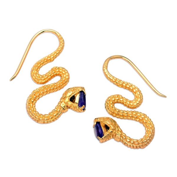 Alternate image for 18k Gold-Plated Snake Drop Earrings with Faceted Amethyst Purple Striking Snake