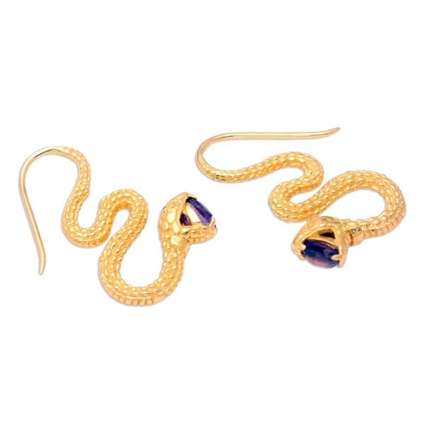Alternate image for 18k Gold-Plated Snake Drop Earrings with Faceted Amethyst Purple Striking Snake