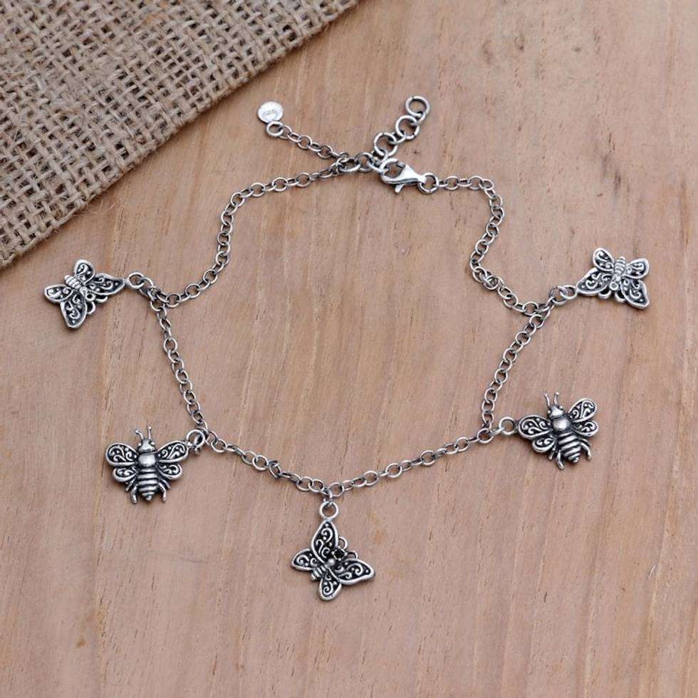 Javanese Garnet Charm Anklet with Butterfly Motif 'Wild Wings'