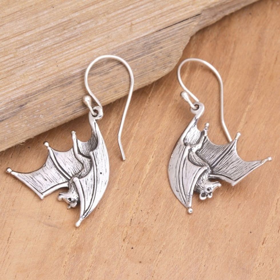 Sterling Silver Dangle Earrings with Bats 'Shiny Bats'