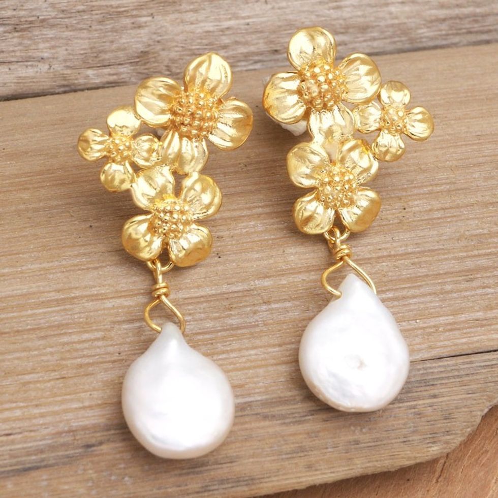 Cultured Pearl Gold-plated and Floral-themed Dangle Earrings 'Lovely Ashokas'