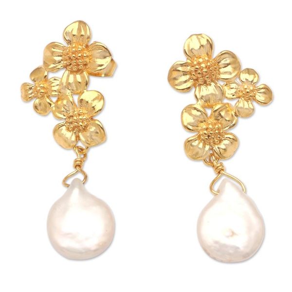Alternate image for Cultured Pearl Gold-plated and Floral-themed Dangle Earrings Lovely Ashokas
