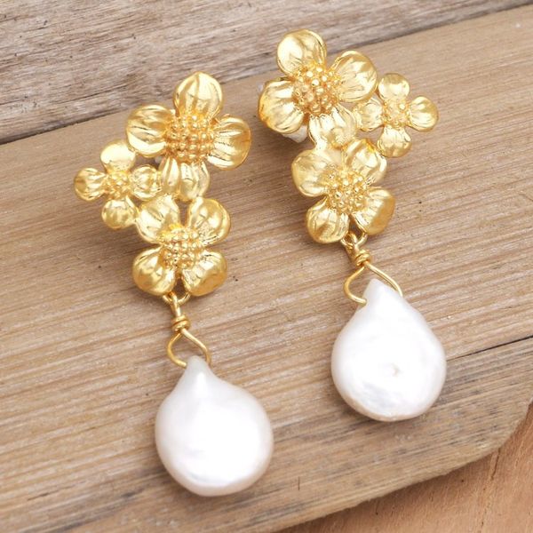 Alternate image for Cultured Pearl Gold-plated and Floral-themed Dangle Earrings Lovely Ashokas