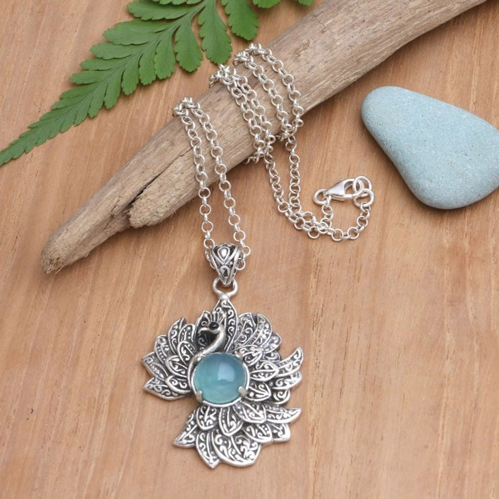 Chalcedony and Zircon Pendant Necklace with Swan Motif 'Swan Queen'
